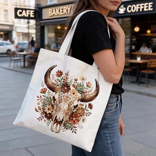 Western Canvas Tote Bag, Western Gift for Women - color: Cow Skull