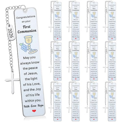 Gueevin 12 Pcs Metal First Communion Gifts 1st Favors Bible Verse Bookmarks with Cross Tassels Christian Religious Bookmarks Bulk with Scripture for Him or Her Book Lover Gift(First Communion) - style: First Communion