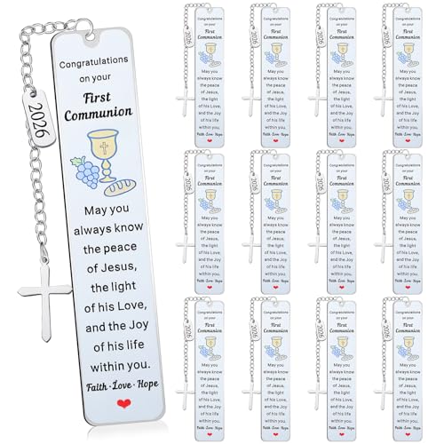 Gueevin 12 Pcs Metal First Communion Gifts 1st Favors Bible Verse Bookmarks with Cross Tassels Christian Religious Bookmarks Bulk with Scripture for Him or Her Book Lover Gift(First Communion) - style: First Communion