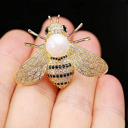 Honey Bee Brooches Crystal Insect Themed Bee Brooch Animal Fashion Shell Pearl Brooch Pin Gold Tone - color: white pearl