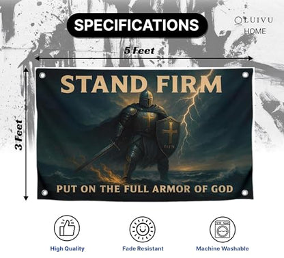 3x5 Feet Motivational Christian Flag Image Knight with Quote "Stand Firm – Put On the Full Armor of God" with 4 Brass Grommets - Single Sided Flag for Home Decor - Polyester Cool Tapestry for Bedroom