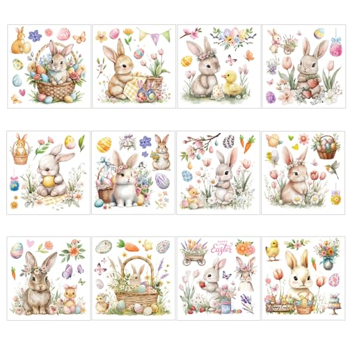 12 Pcs Easter Rub on Transfers, Watercolor Cute Bunny Egg Rub on Transfers for Crafts and Furniture, Spring Flower Dtf Transfer Ready to Press for Home Office Wood DIY Craft Gift - color: Easter Bunny