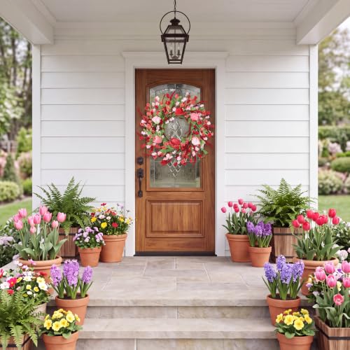Sggvecsy Spring Summer Wreath for Front Door 22 Inch Artificial Red Flower Wreath with Pink Tulips Greenery Leaves Lavender for All Seasons Home Farmhouse Indoor Outdoor Wall Decor (Red and Pink) - color: Red and Pink