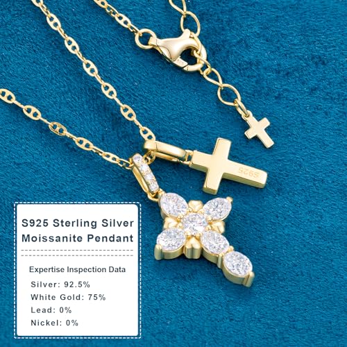 Moissanite Double Cross Necklace, Women Moissanite Diamond Cross Pendant - color: 14K Gold Vermeil(Iced+Polished)
