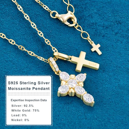 Moissanite Double Cross Necklace, Women Moissanite Diamond Cross Pendant - color: 14K Gold Vermeil(Iced+Polished)