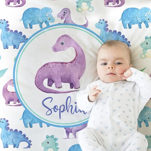 Personalized Baby Blanket – Printed in USA, Purple Dinosaur Name Blanket for Girls, Watercolor Dino Newborn Swaddle, Personalized Dino Baby Gift, Baptism, Soft Fleece 30"X40" - color: Purple Dinosaur Baby