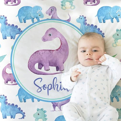 Personalized Baby Blanket – Printed in USA, Purple Dinosaur Name Blanket for Girls, Watercolor Dino Newborn Swaddle, Personalized Dino Baby Gift, Baptism, Soft Fleece 30"X40" - color: Purple Dinosaur Baby