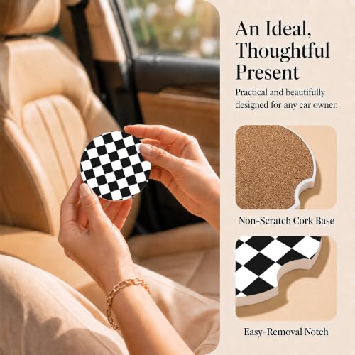 Checkered Car Coasters Set of 2, Black White Plaid Car Accessories, 10 - color: Black White Plaid