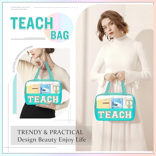 Teacher Appreciation Gifts Chenille Letter Clear Makeup Bag TEACH Pouch, Preppy Waterpoof Makeup Cosmetic Bag with Zipper Graduation Retirement Birthday Teacher Essentials Gifts for Women(TEACH-Green) - color: TEACH-Green