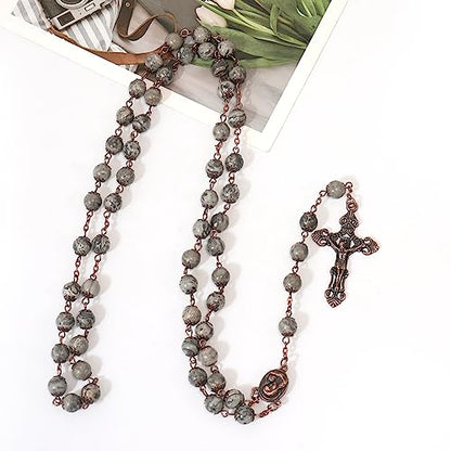 Nazareth Store Natural Stone Beads 8mm Rosary Necklace Antique Copper Design Holy Soil Medal & Cross in Velvet Bag - Catholic Rosaries Terra Santa Jerusalem Collection - color: Map Stone