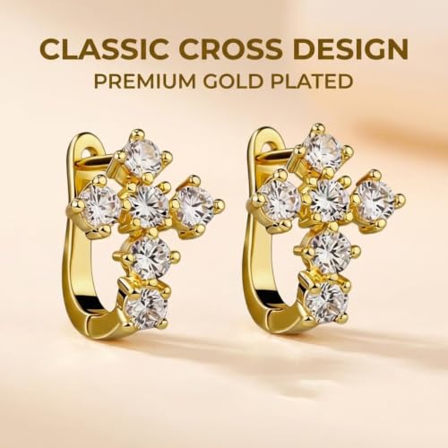 Gold Hoop Earrings for Women Men,Dangle Drop Cross Earrings,Hypoallergenic Huggie Hoop Earrings with Cubic Zirconia CZ Diamond,Trendy Dainty Christian Easter Christmas Jewelry Gift