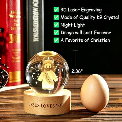 3D Jesus Loves You K9 Crystal Ball Night Light, LED Gift for Christians - size: 2.36 inches
