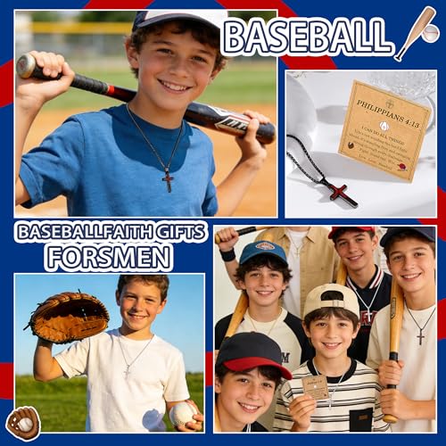 Baseball Cross Necklaces for Boys Men, Colourfast Stainless Steel Bible Verse Cross Chain Pendant Necklace Baseball Accessories Stuff Confirmation First Communion Gifts for Boys Teens - color: Black