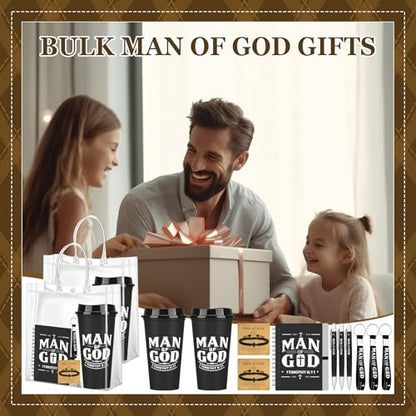 12 Sets/ 72 Pcs Christian Gifts for Men Bulk Man of God Theme Christmas Religious Gift for Church Group Includes 16oz Plastic Coffee Cup Notebooks Pens Keychains Bracelets Bags (Man of God) - color: Man of God