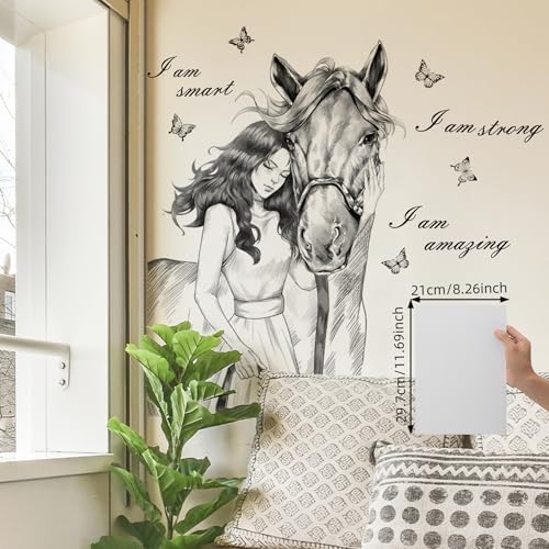 2 PCS Girl & Horse Inspirational Wall Decals Peel and Stick Black Motivational Wall Decor for Office Pioneer Woman Wall Stickers & Murals Bedroom Living Room Hallway Entryway Positive Affirmations - color: A Horse With a Girl