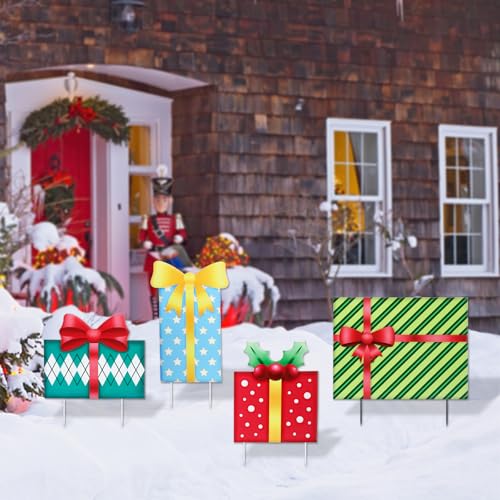 Christmas Yard Sign Decorations Outdoor Christmas Four Gift Boxes Yard Signs with Metal Stakes for Xmas Holiday Party Lawn Sign Garden Decor Outdoor Yard Signs - style: Gift boxes