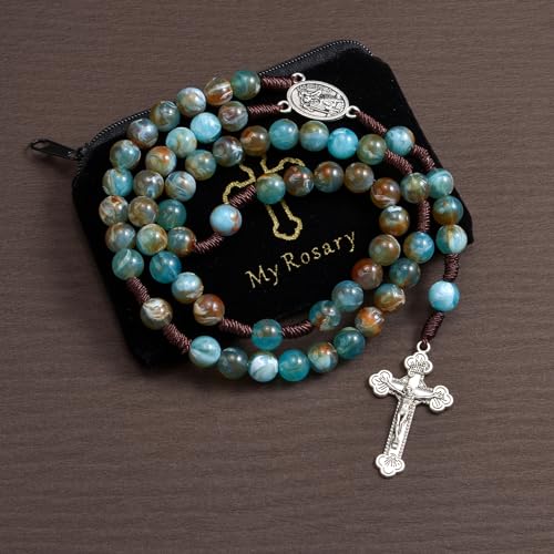 10mm Brown Beads Catholic Rosary Handmade Braided Rosaries with Curcifix Cross and Holy Mary Medal Amulet Rosary Beads Necklace for Women Men - color: Blue