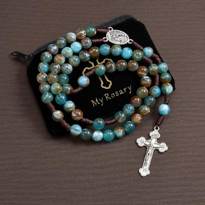 10mm Brown Beads Catholic Rosary Handmade Braided Rosaries with Curcifix Cross and Holy Mary Medal Amulet Rosary Beads Necklace for Women Men - color: Blue