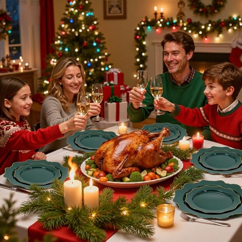 WDF 175Pcs Green Plastic Plates - Green Plates Disposable with Gold Rim - Christmas Plastic Plate - Fancy Disposable Dinnerware Sets 25 Guests Ideal for Party/Wedding/Birthday - color: Green and Gold, size: 175 pieces
