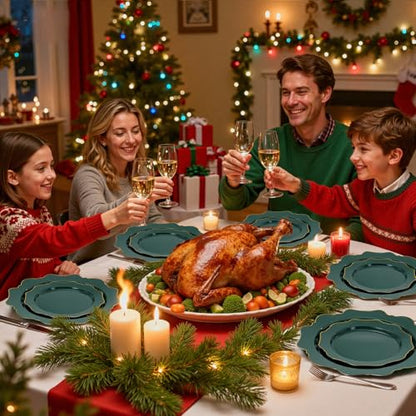 WDF 175Pcs Green Plastic Plates - Green Plates Disposable with Gold Rim - Christmas Plastic Plate - Fancy Disposable Dinnerware Sets 25 Guests Ideal for Party/Wedding/Birthday - color: Green and Gold, size: 175 pieces