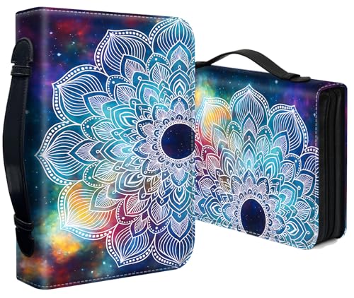 Bible Cover for Women Large PU Leather Zippered Bible Case with Handle and Galaxy Mandala Design, Christian Bible Cover for Girls & Women, Cover Fits Standard 9.5"x7.5"x2.3" Bible - color: Galaxy Mandala