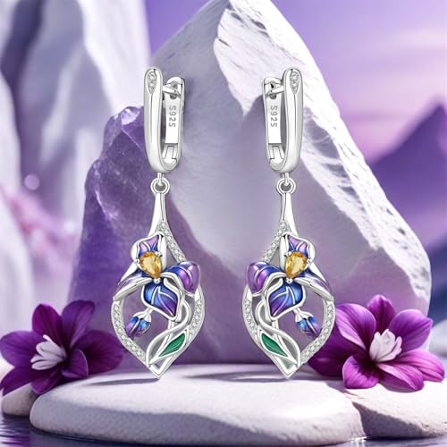 925 Sterling Silver Drop & Dangle Earrings for Women,Butterfly Dragonfly and Bee|Flower and leaf Earrings, Suitable for Sensitive Ears Fashion Jewelry Gift- Hypoallergenic Earrings - color: Blue-purple iris