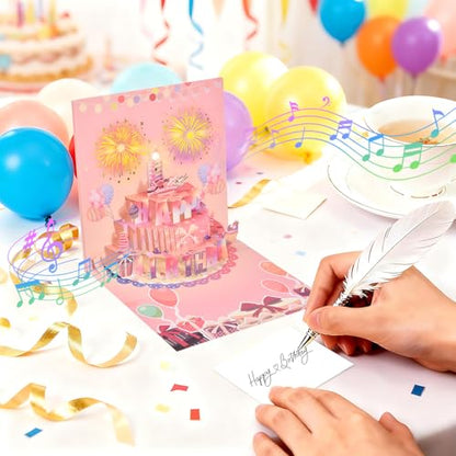 3D pop-up music birthday card - LED Light Cake Greeting Card - color: Cake - Pink