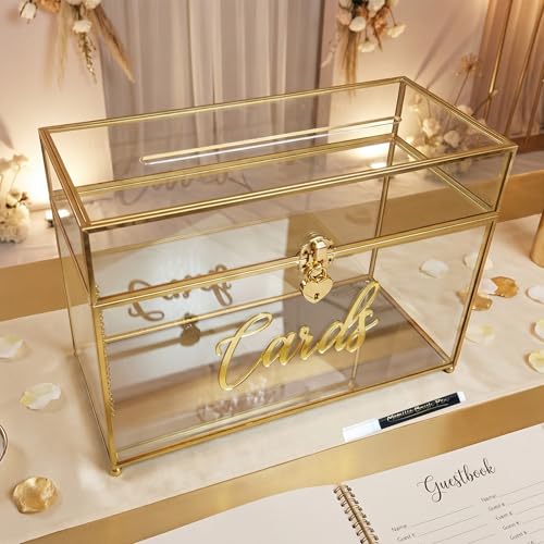 Wedding Card Box with Heart Lock, Large Metal Glass Card Box with Gold Frame for Party Reception, Wedding, Baby Showers, Birthdays, Bridal, or Graduation, 12.6×5.9×9 Inches