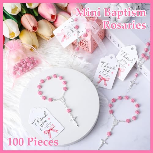 100 Pcs Pink Baptism Favors Mini Rosary Cross Boxes Gift Bags Cards