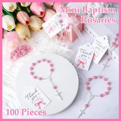 100 Pcs Pink Baptism Favors Mini Rosary Cross Boxes Gift Bags Cards