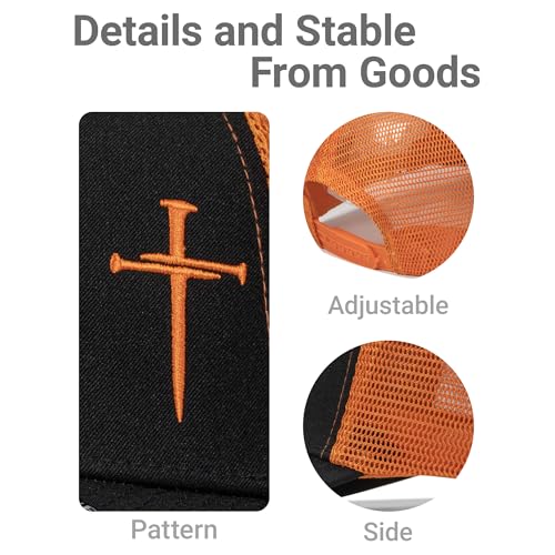 Christian Hats for Men Women,Jesus 3 Nail Cross Hat Christian Religious Gifts for Birthday/Christmas - color: 08.black-orange
