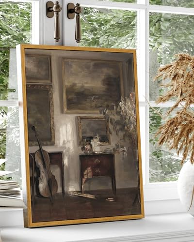 KBKBART Framed Canvas Wall Art, Moody Still Life Interior Cello Paintings - color: Antique Room, size: 10"L x 8"W