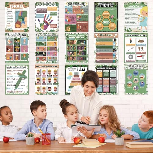 15Pcs Bible Posters for Classroom Sunday School Wall Decor Greenery Christian Books of The Bible Verse Eucalyptus Ten Commandments Poster Set Religious Scripture VBS Bulletin Board Decor(14 x 11in)