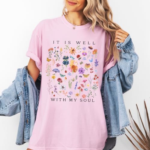 FITIN It is Well with My Soul Garment-Dyed T-Shirt, Vintage Floral Faith Graphic Tee, Christian Inspirational T-Shirt - color: Blossom, size: Large