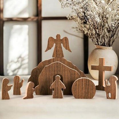 JarThenaAMCS Empty Tomb Easter Table Scene and Cross Decoration Wooden Jesus Nativity Scene He is Risen Centerpiece for Christian Party Home Tabletop Tray Decor, Set of 10 Pcs