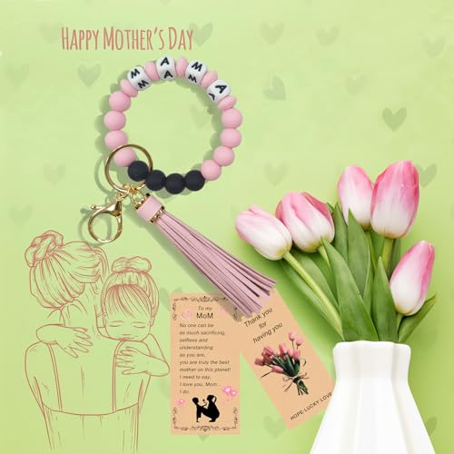 SHINYHARBOR Silicone Beaded Wristlet Keychain Bracelet,Key Wrist Keychains for Women Mom Teachers Best Friend - color: Mama-pink