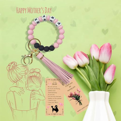 SHINYHARBOR Silicone Beaded Wristlet Keychain Bracelet,Key Wrist Keychains for Women Mom Teachers Best Friend - color: Mama-pink