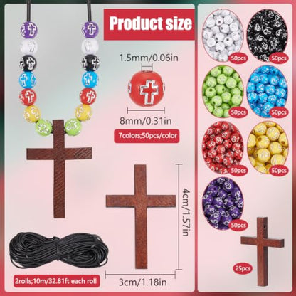 WEBEEDY 333 Pcs Wooden Cross Necklace DIY Christian Cross Rosary Bracelet Necklace Making with Colorful Beads for Rosary Making Jewelry Making Christian Gifts