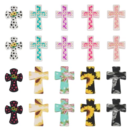 Beadthoven 20Pcs Cross Silicone Focal Beads Cow Flower Printed Silicone Beads for Pens Colorful Easter Jesus Crucifix Cross Shaped Rubber Spacers for Keychain Jewelry Making DIY Crafts - color: Mix Cross 10 Styles