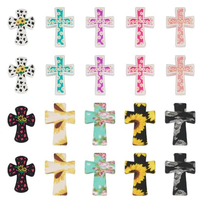 Beadthoven 20Pcs Cross Silicone Focal Beads Cow Flower Printed Silicone Beads for Pens Colorful Easter Jesus Crucifix Cross Shaped Rubber Spacers for Keychain Jewelry Making DIY Crafts - color: Mix Cross 10 Styles