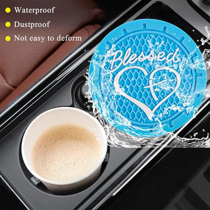 KVAEY 2 PCS Car Cup Holder Coasters, 2.76 Inch Anti Slip Vehicle Drink Mats with Cute Blessed Cross and Heart, Shockproof, Universal Car Accessories (Sky Blue, 4 PCS) - color: Sky Blue, size: 4 PCS
