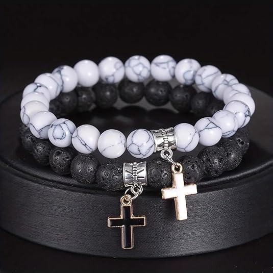 Matte Lava Rock Beaded Couple Bracelet Set for Women Men Black White 8mm Howlite Natural Volcanic Stone Matching Beads Elastic Cross Pendant Stretch Bracelets Religion Charm Friendship BFF Jewelry