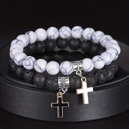 Matte Lava Rock Beaded Couple Bracelet Set for Women Men Black White 8mm Howlite Natural Volcanic Stone Matching Beads Elastic Cross Pendant Stretch Bracelets Religion Charm Friendship BFF Jewelry