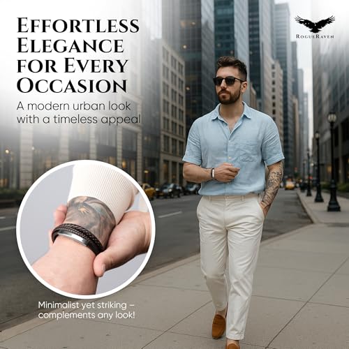 RogueRaven Black Leather Bracelet for Men – Premium Collection – Brown Black Gold Silver | Genuine Leather Mens Bracelet with Stainless Steel Clasp [Adjustable] | In Luxury Gift Box - color: Brown silver