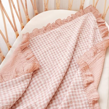 Konssy 100% Cotton Muslin Baby Blanket with Ruffle Trim for Girls, 43"x39" - color: Pink Check