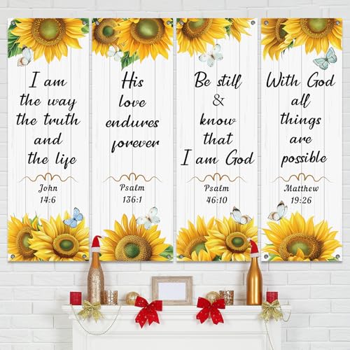 4Pcs Church Banners for Sanctuary Wall Welcome Religious Banners Hanging Backdrop Scripture Inspirational Praise Signs Bible Verses Banner Scripture Hanging Signs for Church School Decor(Sunflower) - style: Sunflower Worship Christian