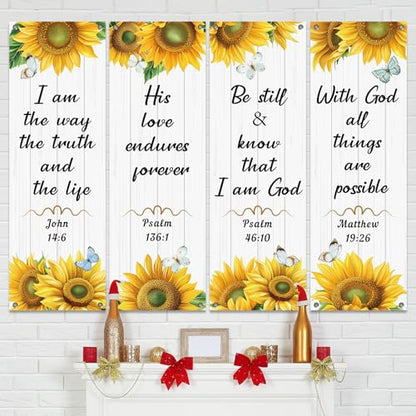 4Pcs Church Banners for Sanctuary Wall Welcome Religious Banners Hanging Backdrop Scripture Inspirational Praise Signs Bible Verses Banner Scripture Hanging Signs for Church School Decor(Sunflower) - style: Sunflower Worship Christian
