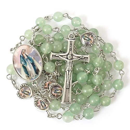 Nazareth Store Natural Stone Beads with Miraculous Epoxy Heart Metal Beads Rosary Necklace Gemstone Christian Gifts - color: Green Aventurine