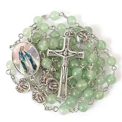 Nazareth Store Natural Stone Beads with Miraculous Epoxy Heart Metal Beads Rosary Necklace Gemstone Christian Gifts - color: Green Aventurine