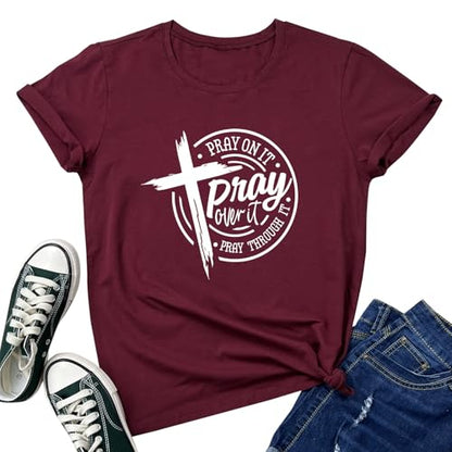 LOOKFACE Womens Pray Graphic Tees Cute Tops - color: Wine Red, size: Medium